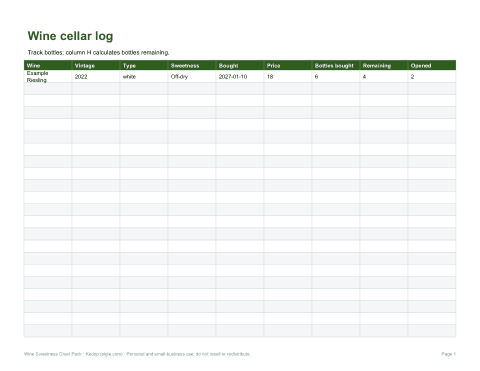 Preview of the first page of Cellar log (XLSX)